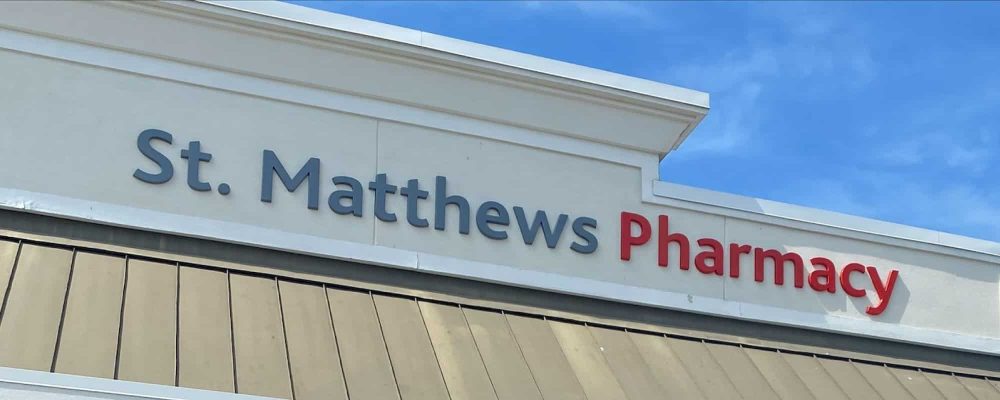 Sign on the exterior of St Matthews Pharmacy in Louisville Kentucky